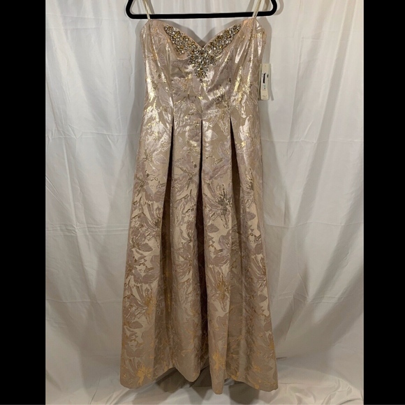 NWT Eliza J Bejeweled Neckline Strapless‎ Ballgown Champagne/Silver [SZ 8 ] - Picture 3 of 8